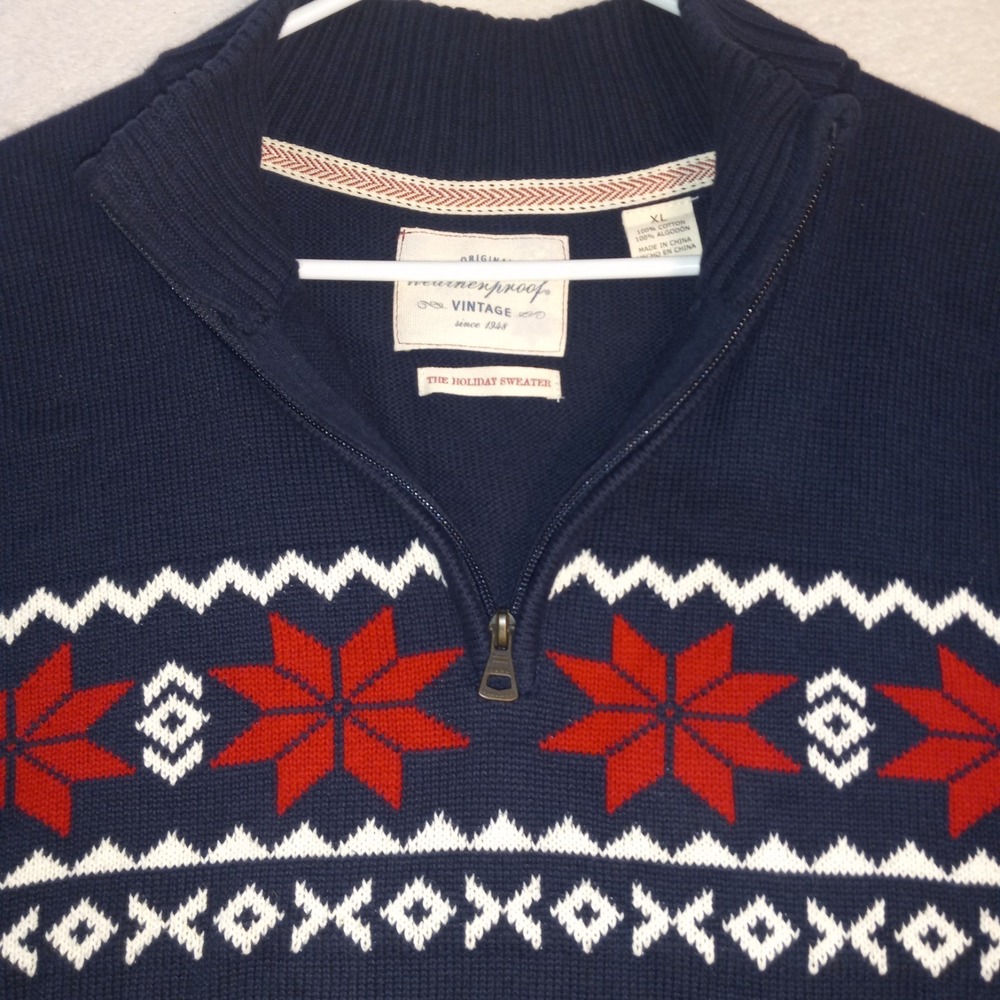 Weatherproof Vintage Mens XL Holiday Sweater Blue Fair Isle Quarter Zip Pullover